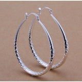 925 Sterling Silver Women’s Diamond Cut Etched Oval Silver Hoop Pierced Earrings